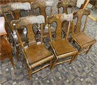 Set Of (6) Brown Paint Decorated Plank Seat