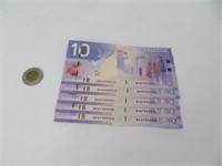 5 billets 10$ Canada 2005 avec numéro de série
