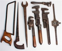 Lot Antique Large Wood Steel Wrenches Saws Tools