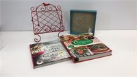 Kitchenwares lot: two cookbooks,  cookbook stand