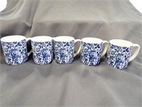 (5) Vintage Enesco Tea Cups Blue & White Floral