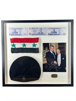 A Shadow Box Collection of Iraq Currency, Flag,