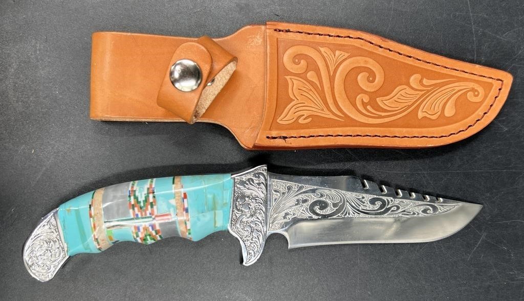 Inlaid Southwest Handle Steel Knife w Sheath