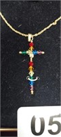 GOLD FILLED NECKLACE WITH COLORFUL CROSS DROP
