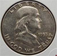 1955 Franklin half dollar. AU. Key date.