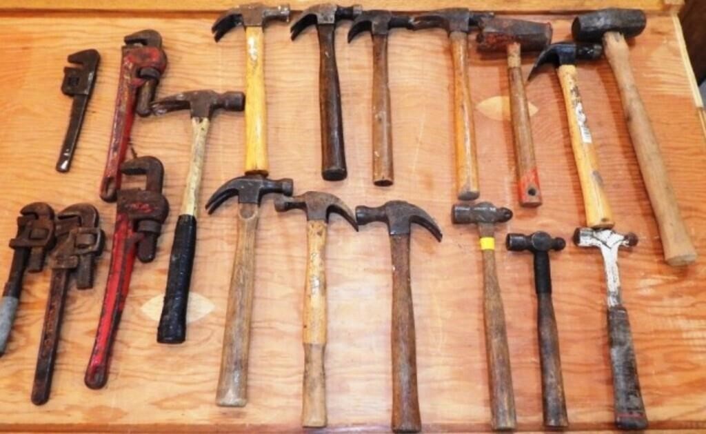 Hand Tools - (14) Hammers & (5) Pipe Wrenches