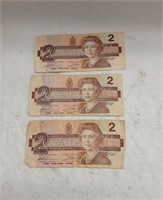 PAPER MONEY - CANADIAN TWO DOLLAR BILLS - QTY 3