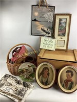 Wood crates, sheet music, baskets, religious