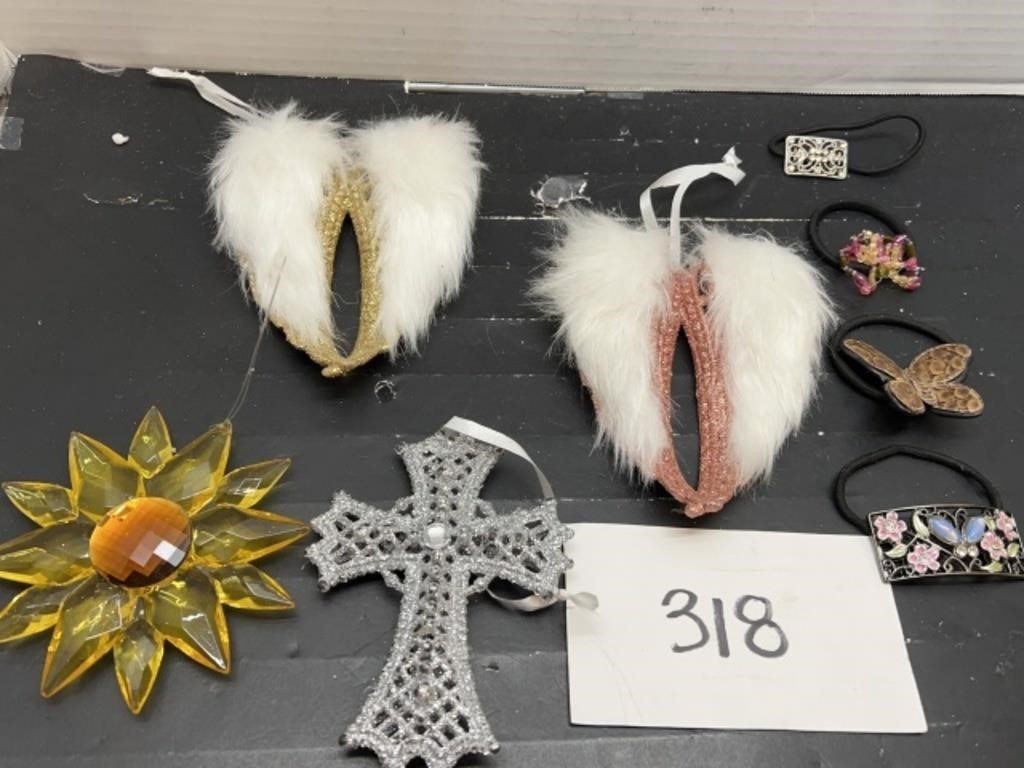 Glitter angel wing ornaments; hair ties & more