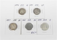 FIVE (5) SEATED LIB QUARTERS - 1857 to 1891