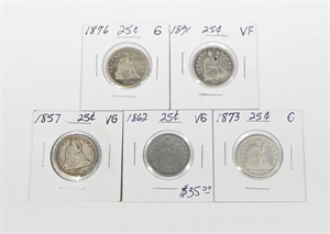 FIVE (5) SEATED LIB QUARTERS - 1857 to 1891