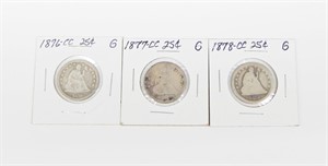 3 SEATED LIB QUARTERS - 1876-CC, 1877-CC, 1878-CC