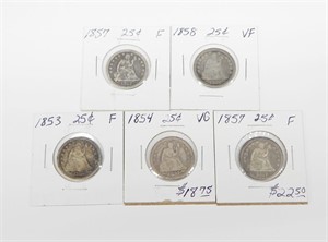 FIVE (5) SEATED LIB QUARTERS - 1853 to 1858