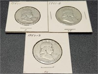 Three 1951 Franklin Half Dollars