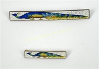 TWO STERLING AND ENAMEL PEACOCK BAR BROOCHES