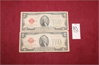 (2) 1928G Red Seal With Star Note 2 Dollar Bill