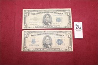 (1) 1934D Blue Stamped Silver 5 Dollar Bill, (1) 1