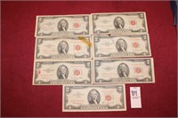 (7) 1963 1953 1953A Red Seal 2 Dollar Bills