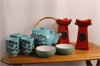 ORIENTAL THEMED TEA SET AND CANDLEHOLDERS