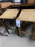 2 RETRO WOOD STOOLS W/ RUSH SEATS -