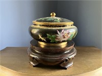 Cloisonne Bowl with Lid on Wooden Stand