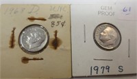 2 Roosevelt dimes, 1968-D & 1979-S