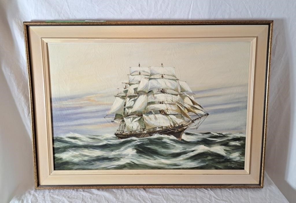 Large ship at sea oil on canvas framed picture
