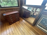 wooden end table and framed mirror