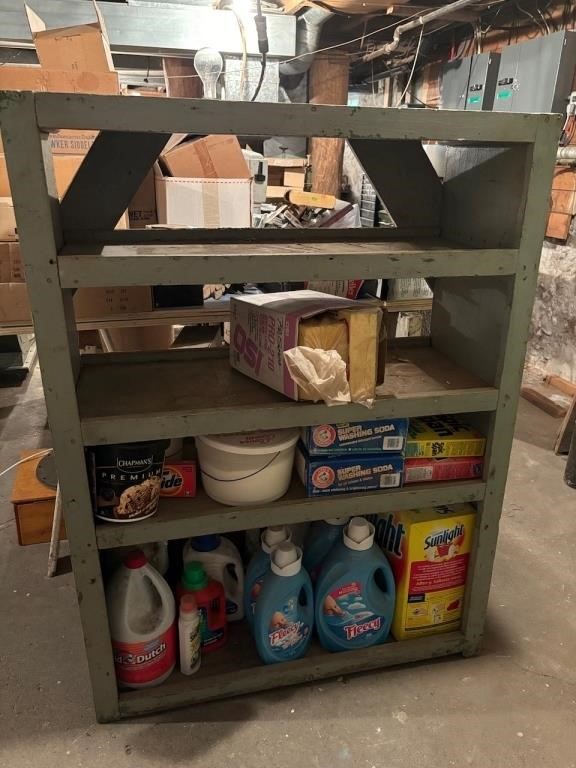 Painted Wooden Shelf With Cleaning Supplies