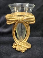 GOLD BOWL STAND W/ CLEAR FLARED GLASS CONE VASE