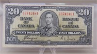 1937 $20.00 Canadian Bank Note E F,  Prefix K E