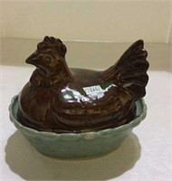 Painted ceramic hen on nest vintage candy dish