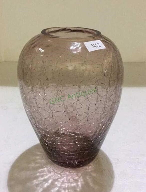 Crackle glass vase measuring 6 inches tall.   1442