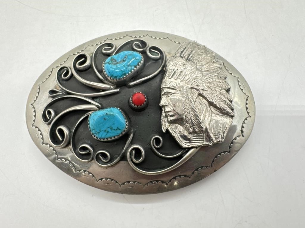 VTG Silver Navajo Chief Belt Buckle Handmade