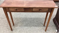 Narrow accent table, redwood stain, 2 drawers,