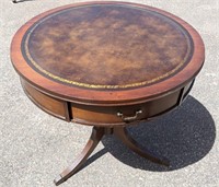 Vintage 1930s Leather Top Drum Table 28"D x 27"H