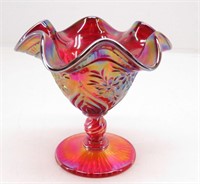 FENTON Amberina Carnival Glass Ruffled Footed Bowl