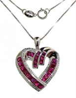 Elegant Baguette Ruby & Diamond Heart Necklace