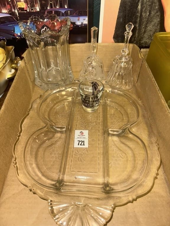 Relish plate , vase, bells , shot glass