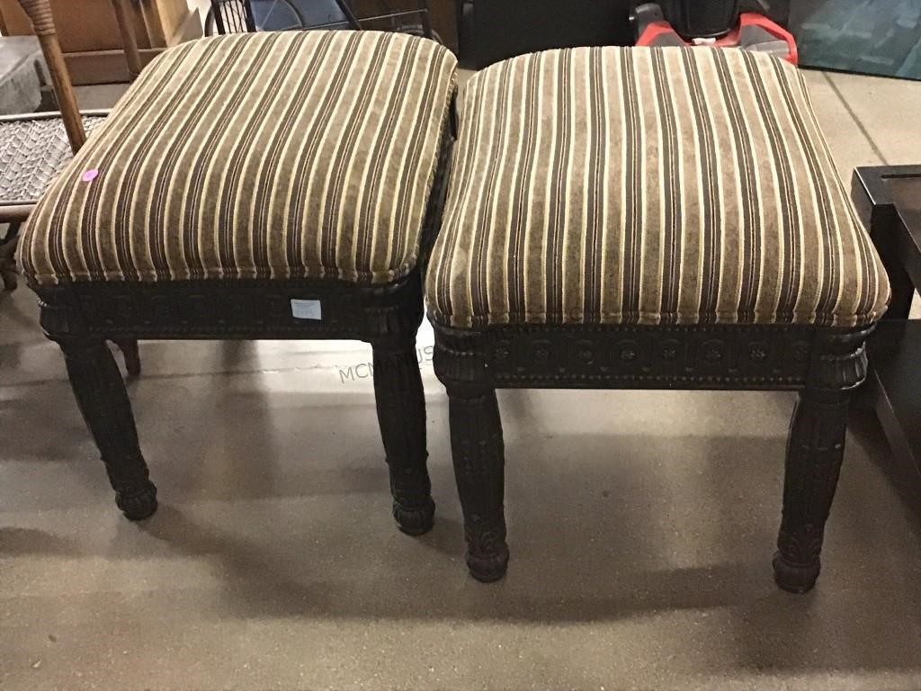 Pair Wood Ottomans and Wicker Stand