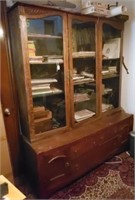 Antique Credenza w/ 3 Glass Doors Curio/Bookcase