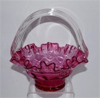 Cranberry Art Glass Basket 6.5" H