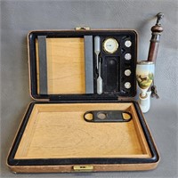 Cigar Humidor Case & Porcelain Pipe (Repaired)