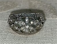 Silver Tone Clear Crystals Ladies Ring, Size 8.5