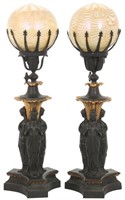 Pr. Figural Bronze Lamps w/ Quezal Shades