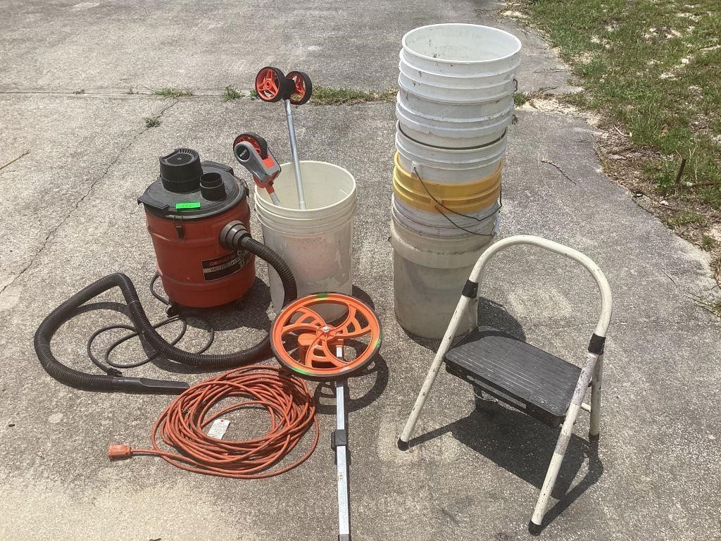 Shop Vac, buckets, extension cord and more