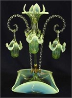 Art Glass Vaseline Opal Epergne w/ four hanging