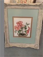 Framed watercolor of geraniums by Jean Ward