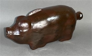 Redware pig flask ca. 1890; Albany slip type