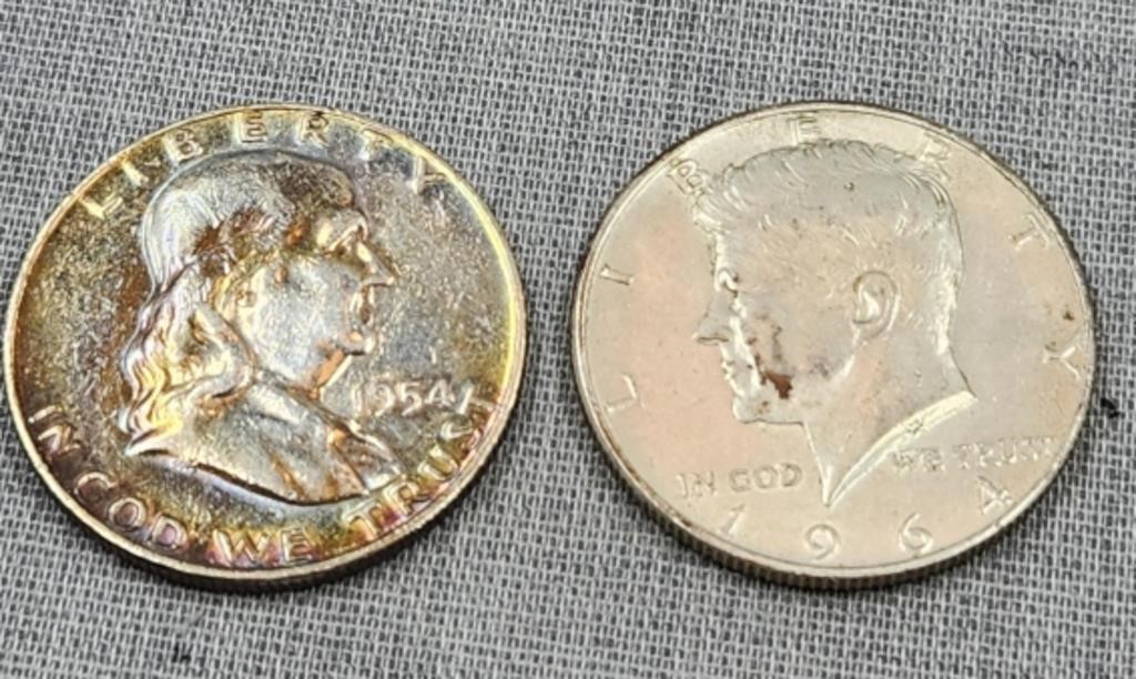 2 Silver Half Dollars, 1954 Franklin, '64 Kennedy